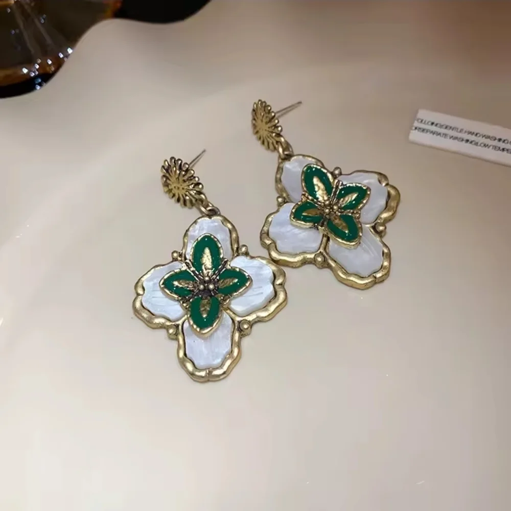 Vintage Gold & White Enamel Floral Drop Earrings with Green Accents - Picture 8 of 8